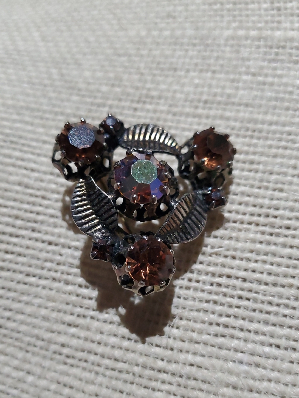 Vintage Brown Crystal Floral Brooch with Silver-Tone Leaves